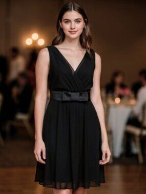 Ann Taylor Black Silk V-Neck Fit and Flare Dress With Decorative Belt & Bow EUC